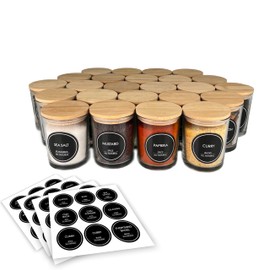 Becky Home Glass Spice Jars with Wooden Lids - 7 OZ Clear Glass (Set of 24), Includes 36 preprinted labels