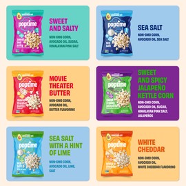 Poptime Variety Pack Popcorn Snack Bags – 6 Flavored Popcorn Bags, Sweet & Salty, Butter, Sweet & Spicy, White Cheddar, Sea Salt, Salt & Lime, Healthy Snack With Avocado Oil, Low Calorie, Kosher
