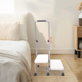 Heavy-Duty 2-Step Stool with Handle for Elderly - Non-Slip Bedside Steps with Adjustable Handrail, Foot Stool for High Beds, Kitchen, Car, and Bathroom (White)