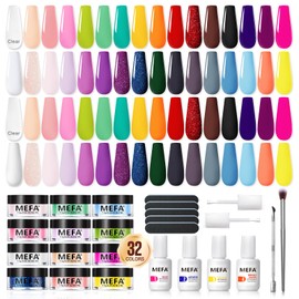 MEFA MEFA Dip Powder Nail Kit 32 Colors Spring Summer, Hot Pink Pastel Violet Neon Orange Glitter Shimmery Dipping Powder with Base Top Coat Activator Brush Saver Liquid Set French Nail Art Manicure Salon