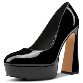 Castamere Womens Chunky Block High Platform Heel Round Toe Pumps Slip-on Office Dress Patent Leather 5.5 Inches Heels Black 9 M US
