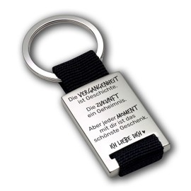 Engraved Stainless Steel Keyring with Textile Band | Die Vergangenheit ist Geschichte | Liebes Schlüsselanhänger für den Partner | High-Quality Laser Engraving, Textile band