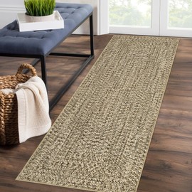 ROYHOME Runner Rug 2x10 Print Braided Hallway Runner Rug Washable Entryway Rug, Stain Resistant Non-Slip Area Rug Farmhouse Solid Printed Textured Floor Carpet for Bedroom Laundry Kitchen, Beige