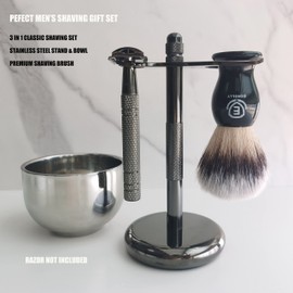 Premium Shaving Brush Kit-3 in 1 Shaving Brush Set for Men Includes Badger Synthetic Hair Shaving Brush,Stainless Steel Shaving Soap Bowl and Safety Stand for Mens Shaving Gift Set (Black)