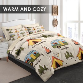 Pamnest Comforter Set Full Size, Summer Camp Camper 7 Pcs Bedding for Kids and Adults, Camping Adventure Bed Sheet Sets with Fitted Sheet 2 Pillowcases & 2 Shams for Bedroom Bed Decor