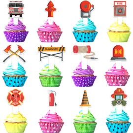 24pcs Fire Cupcake Toppers Firefighter Happy Birthday Fire Truck Decorations, Themed Birthday Party for Boys and Girls, Fire Fighting Party or Baby Shower Party Decorations, Birthday Gifts for Kids.