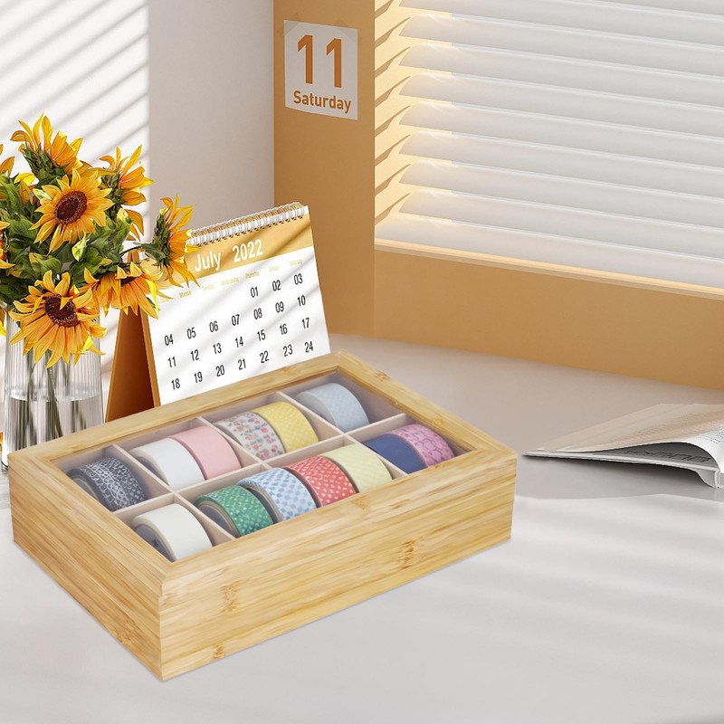 Qinpufu Wooden Washi Tape Organizer Box with Clear Lid –