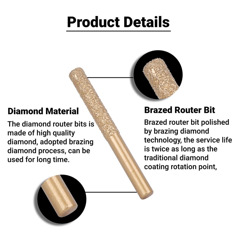 Diamond Router Bits Golden Brazed Straight Shank for Edge Cutting