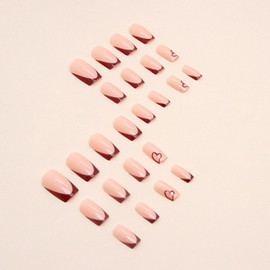 OHWODA French Tip Press on Nails Square Fake Nude Pink Short False with Heart Designs Red Stick for Women Glue Set Adhesive Tabs Nail File