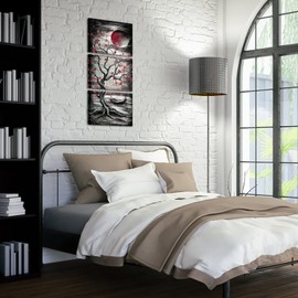 KREATIVE ARTS 3 Piece Full Moon Tree Canvas Wall Art Modern Abstract Black and White Tree Landscape Painting Prints for Bedroom Bathroom Decor Gallery Wrapped Artwork Ready to Hang (Red)