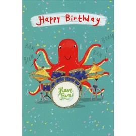 Pictura Red Octopus Playing Blue and Gold Drums Birthday Card
