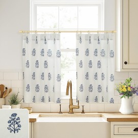 Navy Blue Kitchen Curtains,Floral Patterned Coastal White Farmhouse French Country Grand Millenial Grandmillennial Preppy Flower Curtains for Bathroom Window,Dark Blue and White