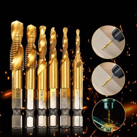 6 Piece 1/4" Hex Metric Drill Bit Set Titanium Coated Tapping Screw Cutting Drill Bit Set High Speed Steel for Drilling, Tapping, Countersinking M3 M4 M5 M6 M8 M10