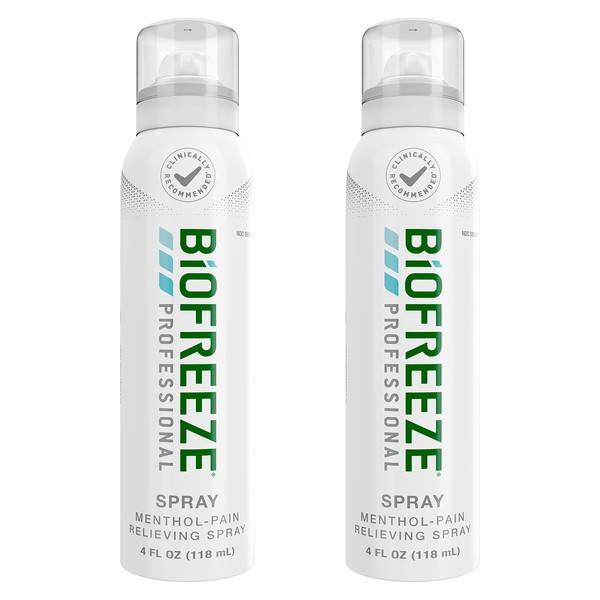 Biofreeze Professional Menthol Pain Relieving Spray 4 FL OZ Colorless (Pack Of 2) Aerosol Spray For Pain Relief Of Sore Muscles, Arthritis, Simple Backaches, And Joint Pain (Packaging May Vary)