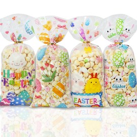 Pack of 50 Easter Cellophane Bags, 4 Easter Eggs Bunny Chick Flowers Candy Treats Goodie Bags with Twisted Ribbons for Kids Birthday Party Easter Party Supplies