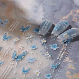 1Pcs 5D Embossed Blue Butterfly Nail Stickers Rhinestone Flowers Nail Art Stickers Self-Adhesive Spring Summer Floral Nail Decals Butterfly Stickers for Women Girl DIY Manicure Nail Art Decorations