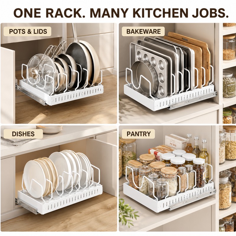 Pull-Out Pot and Pan Lid Organizer Rack for Kitchen Cabinet,