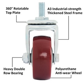 Finnhomy Swivel Caster Wheels 3 Inch Threaded Stem Casters Set of 4 Heavy Duty 1/2"-13 x 1 Anti-wear Polyurethane Industrial Castor Wheels for Cart/Furniture Load Bearing 2200 Lbs Smooth Casters Red