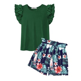 Arshiner Clothing Sets, Girls' Summer Plain T-Shirt with Shorts, Outfit, Children's Cotton Ruffle Sleeves, Clothing Set, Leisure, Fashion, Two-Piece Girls' Clothing with Pocket, 6-14 Years, Green