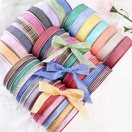 Checked Ribbon 50 Yard 10 mm Gingham Ribbon Christmas Ribbon Gift Ribbon Decorative Ribbon Plaid Ribbon Checked Fabric Ribbon Craft Ribbon Gift Packaging Wedding Party Decoration Light Blue
