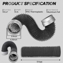 5FT Dryer Vent Hose 4 Inch, 6-Layer Heavy Duty Aluminum Flexible Dryer Duct with Rubber Seal Connectors, Easy-Install Heat Resistant Dryer Exhaust Hose for Tight Spaces, Universal Dryer Hose Vent Kit
