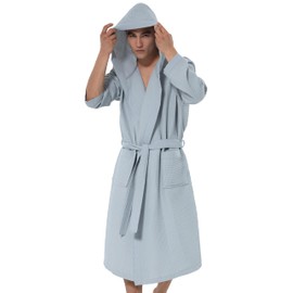 SEYANTE Men's Organic Cotton Waffle Robe with Hood – GOTS Certified Lightweight Full-Length Spa Bathrobe with Piping – Blue Grey, Size Large