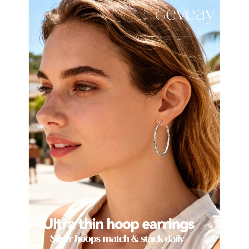 Geveay Thin Silver Hoop Earrings for Women Hypoallergenic 925 Sterling