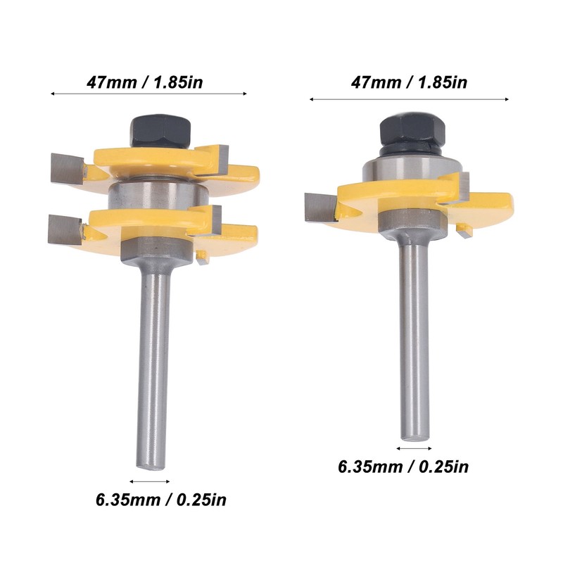 2Pcs Tongue and Groove Cutter 3 Teeth 1/4inch Shank T