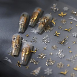 Christmas Nail Art Stickers 5D Embossed Christmas Nail Decals with Rhinestone 1PCS Gold Deer Xmas Tree Snowflake Xmas Nails Design Manicure Sticker Accessories for Women Holiday DIY Nail Decorations