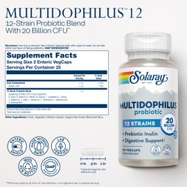 SOLARAY Multidophilus 12 Strain Probiotic 20 Billion CFU, Probiotics for Digestive Health and Gut Health Support w/Prebiotic Inulin, Made Without Dairy, 60 Day Guarantee, 25 Serv, 50 Enteric VegCaps