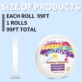 XUNAXI 1 Packs Artist Tape Medium Tack White Art Tape for Watercolor Paper Drafting Art Painting Canvas Framing Acid Free Masking Tape- 0.4IN Wide 99FT Long Total