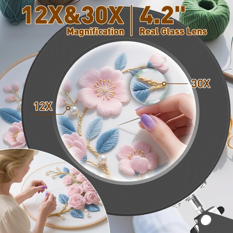 Magnifying Glass with Light and Stand, 12X 30X 20in Clamp