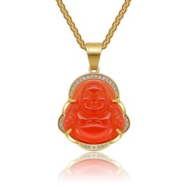 AILUOR Happy Laughing Buddha Necklaces, Lucky Chain Buddha Pendant Green Jade Buddha Necklace Iced Out Bling Zircon 18K Gold-Plated Chain Dainty Amulet Necklace Jewellery Gift (Red)