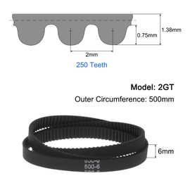 sourcing map 2pcs 2GT Timing Belt Closed Loop Rubber Belts 500-2GT-6, 6mm Width x 500mm Length