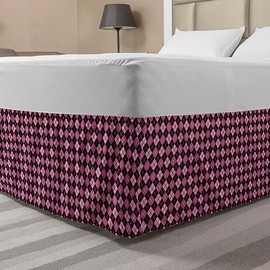 Ambesonne Checkered Bed Skirt, Crosswise Striped Mosaic Pattern Squares Retro Style Feminine Design, Elastic Bedskirt Dust Ruffle Wrap Around for Bedding Decor, King, Pink Pale Pink Black