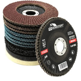 Serrated disc and polishing set, 11 pieces, diameter 115 mm, serrated disc 4 x blue (stainless steel), 4 x brown (standard), grain 40/60/80/120, 1 x coarse cleaning disc, 2 x polishing discs