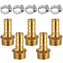 Brass Hose Connector, 5 Pieces 10 mm Barb x 3/4 Inch Male Thread Pipe Adapter, with 5 Pieces Hose Clamp for Air Hose, Gas Hose, Water Hose, Fuel Line