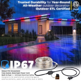 WYZworks 576LEDs 50ft LED USA Patriotic American Red White Blue Outside Rope Lights, Outdoor ETL Certified Waterproof Permanent 360 Degree Light, Flexible Tube, Connectable, Palm Tree Exterior
