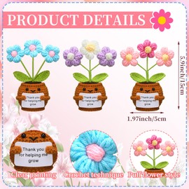 Wavwavw 3 Pcs Teacher Appreciation Gifts, Crochet Doll with Card Thank You for Helping Me Grow Teacher Thank You Gifts for Birthday Home Office Decor(Puff Flower)