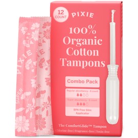 Pixie Organic Cotton Tampon Combo Pack – Regular & Super Absorbency – BPA-Free Long Applicator – Unscented, Chlorine-Free Feminine Care – 12 Count