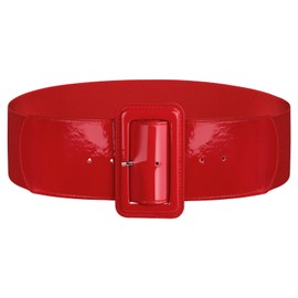 SUOSDEY Women's Patent Leather Belt, Fashion Wide Waist Belt Cinch Belt for Dress Coat with Square Buckle, C-red