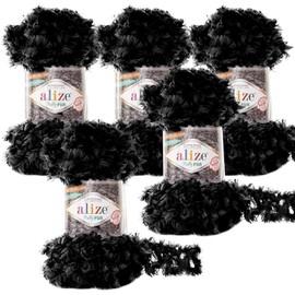 5 x 100 g Alize Puffy Fur Plain Knitting Yarn Fringe Knitting Yarn Finger Knitting Wool without Needle Choice of Colours Colour: 6101 Black