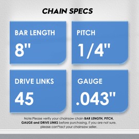 8 Inch Mini Chainsaw Chain Replacement 2 Pack, 043" Gauge, 1/4" LP Pitch, 45 Drive Links - Fits All 8" Mini Chainsaws - Includes Free Chain Sharpener File
