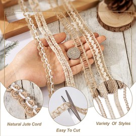 Pandahall 4 Rolls Natural Burlap Ribbons Jute Lace Ribbons Thin Crafts Fabric Ribbons Rustic Twine String for Gift Wrapping Wedding Christmas Party Home Decoration, 43.76 Yards