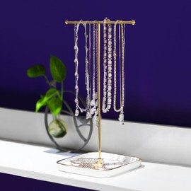 SCENTS HOME Necklace Holder With Ceramic Base T-Rack Necklace Organizer,Aesthetic Jewelry Hanger Display for Necklaces, Bracelets, Rings (T-White)