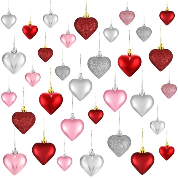 SKYLETY Valentine's Day Heart Ornaments, 3 Heart Baubles Heart Shaped Christmas Tree Baubles Heart Hanging Decorations for Valentine's Day Wedding Anniversary, 2 Sizes (Multi-Color, 30)