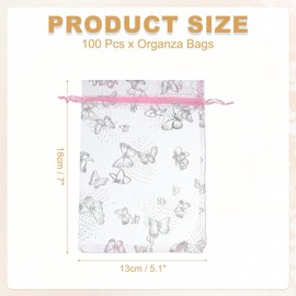 PATIKIL Organza Bags, 100 Pcs 5.1 x 7 Inch Mesh Candy Pouch with Drawstring Butterfly Jewelry Gift Bags for Wedding Christmas Festival Makeup Supply, Pink Silver