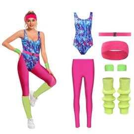 COREWO 80s Workout Costumes for Women Aerobics Costume Leotard Yoga Pants Belt Outfit 6 Pcs (Medium, Red)