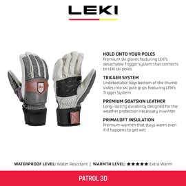 LEKI Patrol 3D Primaloft Gold Insulated Water-Resistant Gloves for Skiing, Snowboarding, & Cold Weather - Graphite-Offwhite-Maroon - Medium