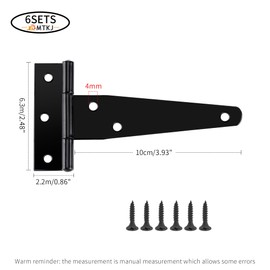 Pack of 6 T-Hinges Heavy Duty with Mounting Screw, Door Hinge, T-shaped Hinges for Garden Doors, Shed Door, Barn Gates (Black)